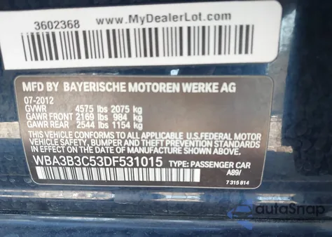 2013 BMW 328I xDrive from USA, damaged, VIN WBA3B3C53DF531015